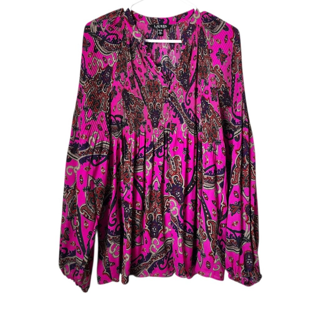 RALPH LAUREN Georgette Paisley Pleated blouse in‎ purple XL